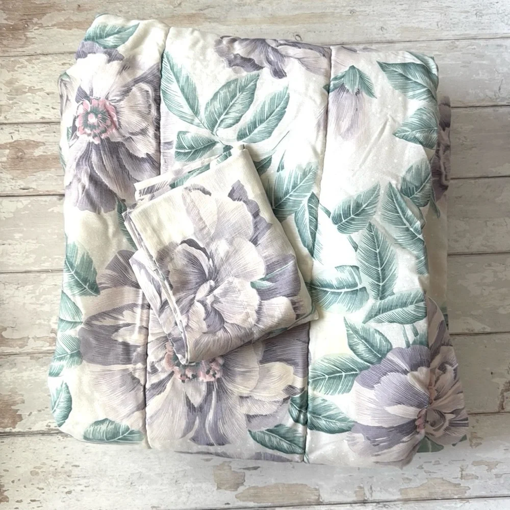 Twin Size Purple Flower Floral Print Comforter Bedding Blanket & Sham 2pc Set